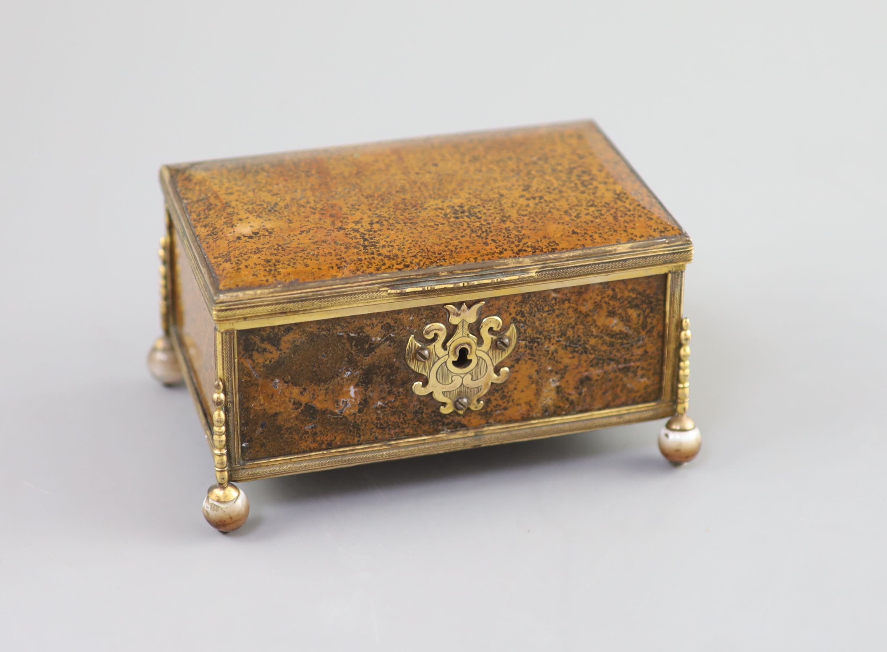 A German ormolu mounted agate casket, 19th century, 14 x 9cm, 7.5cm high.